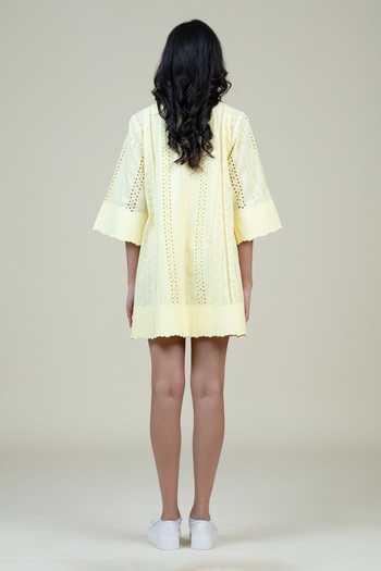 Shop_Bunka_Yellow Cotton Cut Work Collared Dina Eyelet Dress _at_Aza_Fashions