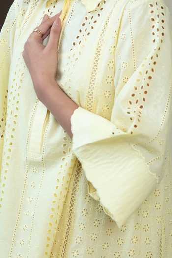Buy_Bunka_Yellow Cotton Cut Work Collared Dina Eyelet Dress _Online_at_Aza_Fashions