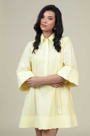 Shop_Bunka_Yellow Cotton Cut Work Collared Dina Eyelet Dress _Online_at_Aza_Fashions