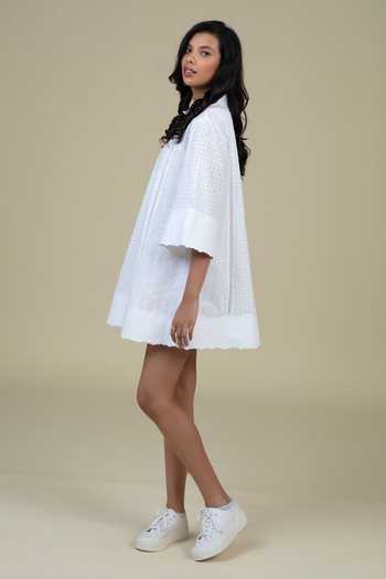 Buy_Bunka_White Cotton Embroidery Collared Dina Eyelet Pattern Dress _Online_at_Aza_Fashions