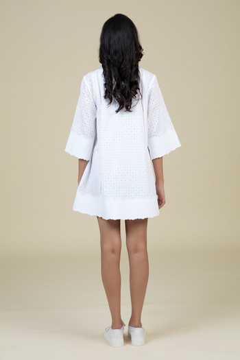 Shop_Bunka_White Cotton Embroidery Collared Dina Eyelet Pattern Dress _at_Aza_Fashions