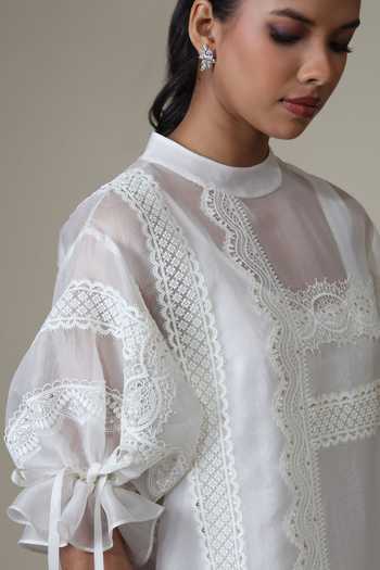 Bunka_Ivory Organza Lace High Neck Bia Kurta And Pant Set _Online