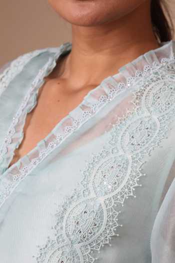 Bunka_Mint Organza Lace V-neck Farida Kurta Set _Online_at_Aza_Fashions