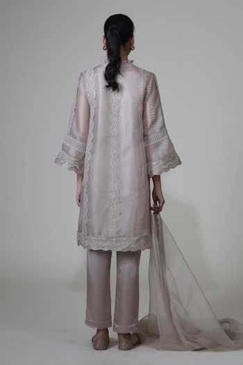 Shop_Bunka_Grey Organza Lace Split V-neck Farida Kurta Set _at_Aza_Fashions
