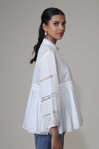 Shop_Bunka_Ivory Cotton, Voile Embroidery Mandarin Collar Ira Lace Insert Top _Online_at_Aza_Fashions