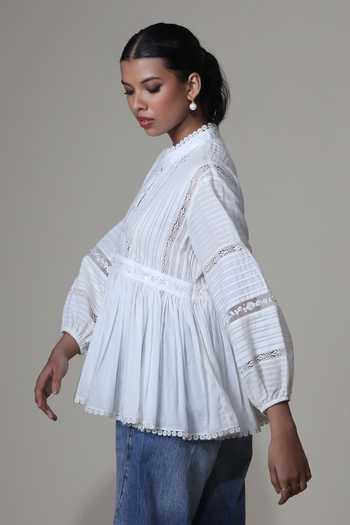 Shop_Bunka_Ivory Cotton, Voile Embroidery Mandarin Collar Ira Lace Insert Top _at_Aza_Fashions