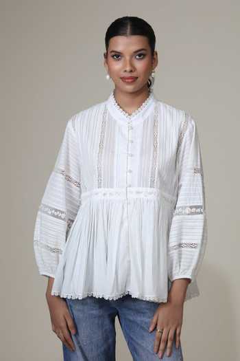 Buy_Bunka_Ivory Cotton, Voile Embroidery Mandarin Collar Ira Lace Insert Top _at_Aza_Fashions