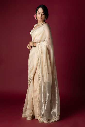 Monika Mathuria Datta_Ivory Silk, Cotton Embroidery, Zari Hand Saree _Online_at_Aza_Fashions