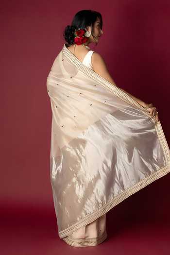 Shop_Monika Mathuria Datta_Ivory Silk, Cotton Embroidery, Zari Hand Saree _at_Aza_Fashions