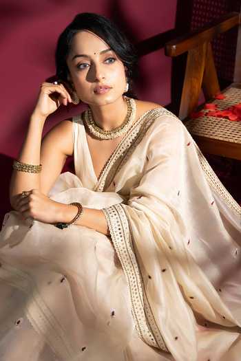 Shop_Monika Mathuria Datta_Ivory Silk, Cotton Embroidery, Zari Hand Saree 