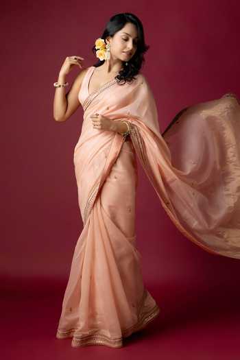 Monika Mathuria Datta_Peach Silk, Cotton Embroidery, Zari Hand Saree _Online_at_Aza_Fashions