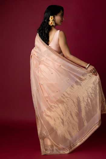 Shop_Monika Mathuria Datta_Peach Silk, Cotton Embroidery, Zari Hand Saree _at_Aza_Fashions