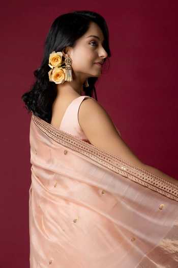 Buy_Monika Mathuria Datta_Peach Silk, Cotton Embroidery, Zari Hand Saree _Online_at_Aza_Fashions
