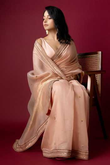 Monika Mathuria Datta_Peach Silk, Cotton Embroidery, Zari Hand Saree _at_Aza_Fashions
