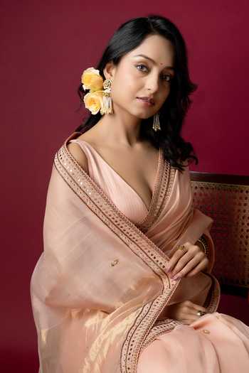 Buy_Monika Mathuria Datta_Peach Silk, Cotton Embroidery, Zari Hand Saree 