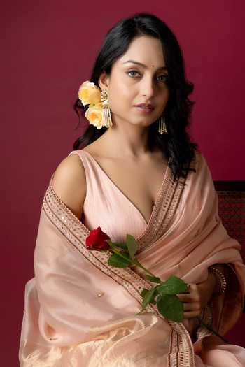 Shop_Monika Mathuria Datta_Peach Silk, Cotton Embroidery, Zari Hand Saree 