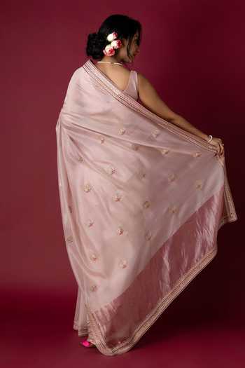 Shop_Monika Mathuria Datta_Pink Silk, Cotton Embroidery, Zari Saree _at_Aza_Fashions