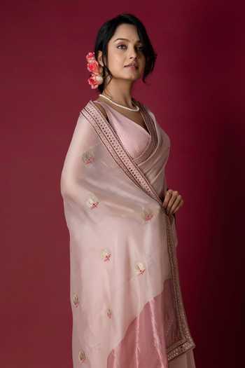 Buy_Monika Mathuria Datta_Pink Silk, Cotton Embroidery, Zari Saree _Online_at_Aza_Fashions
