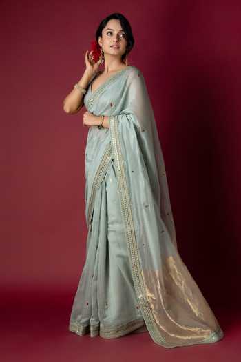 Monika Mathuria Datta_Green Silk, Cotton Embroidery, Zari Handloom Saree _Online_at_Aza_Fashions
