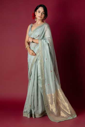 Buy_Monika Mathuria Datta_Green Silk, Cotton Embroidery, Zari Handloom Saree _at_Aza_Fashions