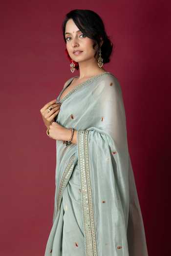 Buy_Monika Mathuria Datta_Green Silk, Cotton Embroidery, Zari Handloom Saree _Online_at_Aza_Fashions