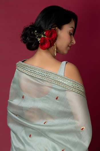 Shop_Monika Mathuria Datta_Green Silk, Cotton Embroidery, Zari Handloom Saree _at_Aza_Fashions