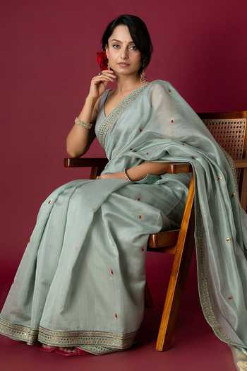 Monika Mathuria Datta_Green Silk, Cotton Embroidery, Zari Handloom Saree _at_Aza_Fashions