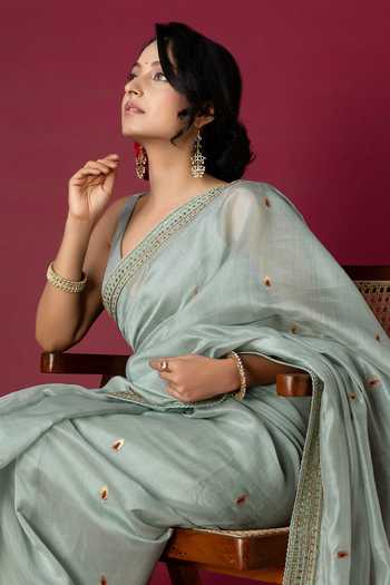 Buy_Monika Mathuria Datta_Green Silk, Cotton Embroidery, Zari Handloom Saree 