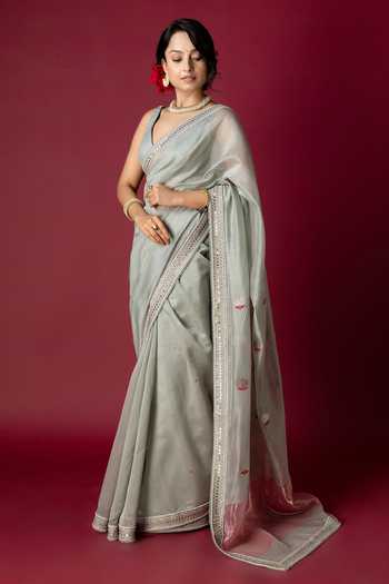 Buy_Monika Mathuria Datta_Grey Silk, Cotton Embroidery, Zari Saree _at_Aza_Fashions