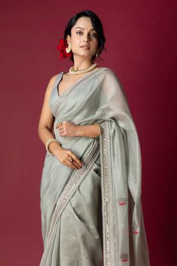 Monika Mathuria Datta_Grey Silk, Cotton Embroidery, Zari Saree _Online_at_Aza_Fashions