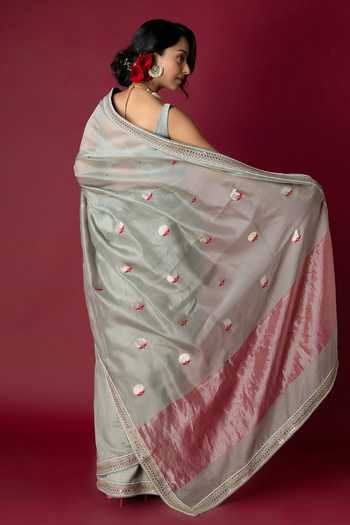 Shop_Monika Mathuria Datta_Grey Silk, Cotton Embroidery, Zari Saree _at_Aza_Fashions