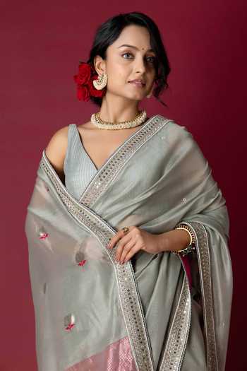 Buy_Monika Mathuria Datta_Grey Silk, Cotton Embroidery, Zari Saree _Online_at_Aza_Fashions
