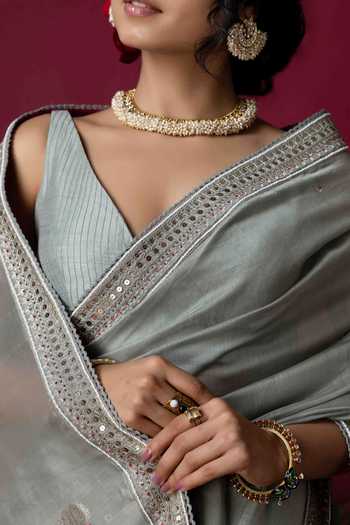 Shop_Monika Mathuria Datta_Grey Silk, Cotton Embroidery, Zari Saree _Online_at_Aza_Fashions