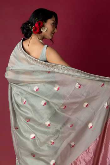 Monika Mathuria Datta_Grey Silk, Cotton Embroidery, Zari Saree _at_Aza_Fashions