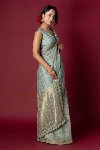 Shop_Monika Mathuria Datta_Green Silk, Cotton Embroidery, Zari Handloom Saree _Online_at_Aza_Fashions