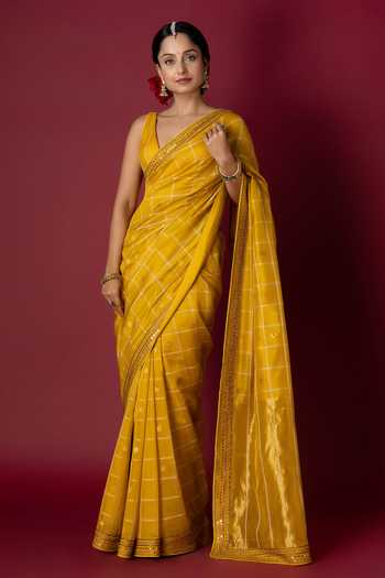Buy_Monika Mathuria Datta_Yellow Silk, Cotton Embroidery, Zari Hand Saree _at_Aza_Fashions
