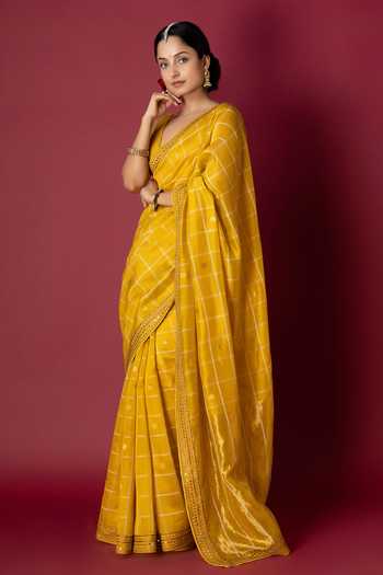 Shop_Monika Mathuria Datta_Yellow Silk, Cotton Embroidery, Zari Hand Saree _Online_at_Aza_Fashions