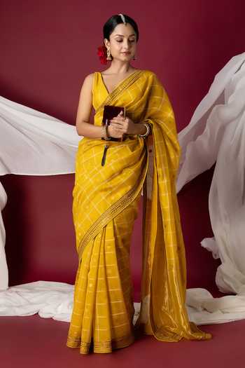 Monika Mathuria Datta_Yellow Silk, Cotton Embroidery, Zari Hand Saree _at_Aza_Fashions