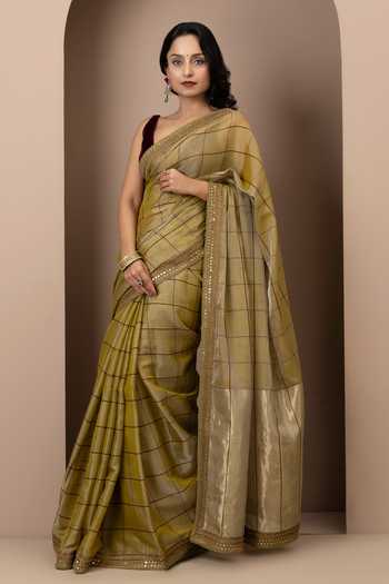 Monika Mathuria Datta_Gold Silk, Cotton Embroidery, Zari Stripe Pattern Saree _Online_at_Aza_Fashions