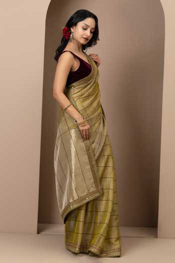 Shop_Monika Mathuria Datta_Gold Silk, Cotton Embroidery, Zari Stripe Pattern Saree _at_Aza_Fashions