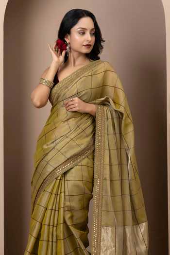 Buy_Monika Mathuria Datta_Gold Silk, Cotton Embroidery, Zari Stripe Pattern Saree _Online_at_Aza_Fashions