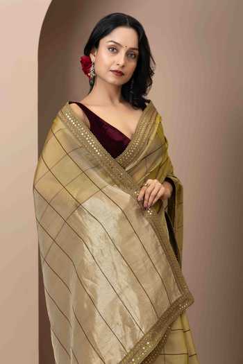 Shop_Monika Mathuria Datta_Gold Silk, Cotton Embroidery, Zari Stripe Pattern Saree _Online_at_Aza_Fashions