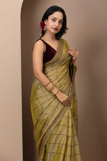 Monika Mathuria Datta_Gold Silk, Cotton Embroidery, Zari Stripe Pattern Saree _at_Aza_Fashions