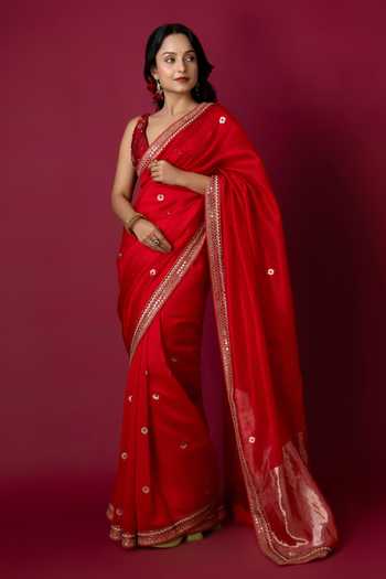 Buy_Monika Mathuria Datta_Red Silk, Cotton Embroidery, Zari Hand Saree _at_Aza_Fashions