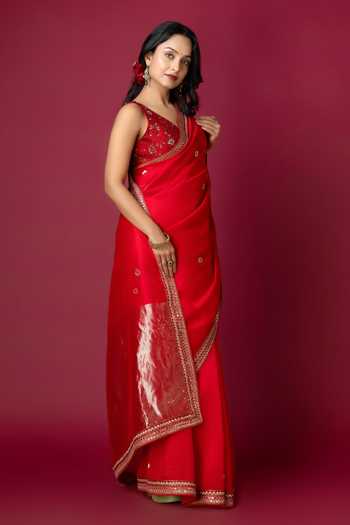 Monika Mathuria Datta_Red Silk, Cotton Embroidery, Zari Hand Saree _Online_at_Aza_Fashions