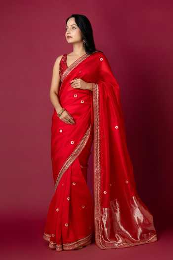 Buy_Monika Mathuria Datta_Red Silk, Cotton Embroidery, Zari Hand Saree _Online_at_Aza_Fashions