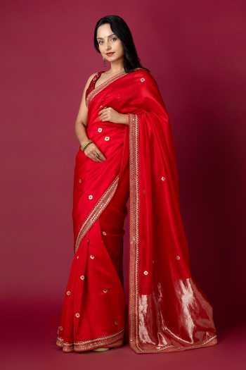 Shop_Monika Mathuria Datta_Red Silk, Cotton Embroidery, Zari Hand Saree _Online_at_Aza_Fashions