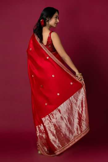 Shop_Monika Mathuria Datta_Red Silk, Cotton Embroidery, Zari Hand Saree _at_Aza_Fashions