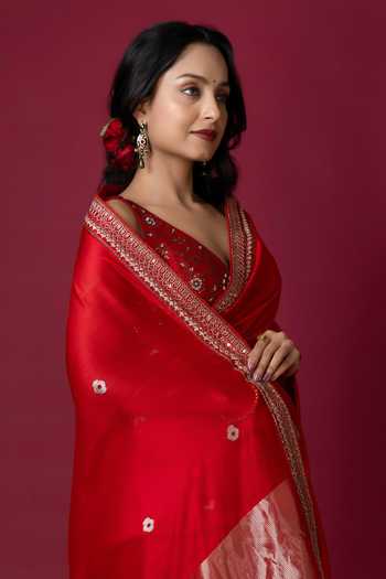 Monika Mathuria Datta_Red Silk, Cotton Embroidery, Zari Hand Saree _at_Aza_Fashions