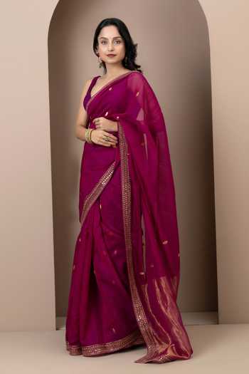 Shop_Monika Mathuria Datta_Purple Silk, Cotton Embroidery, Zari Woven Saree _at_Aza_Fashions